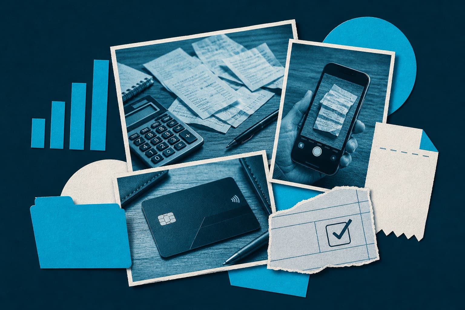 Collage of expense management themes: receipts and a calculator, a corporate card, and a phone photographing a receipt