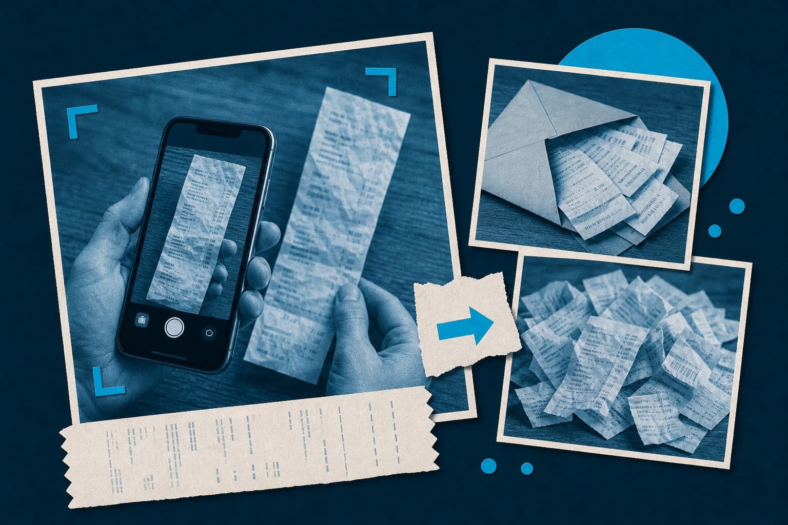 Paper collage of receipt capture themes: crumpled paper receipts, a phone photographing a receipt, and a mail-in envelope