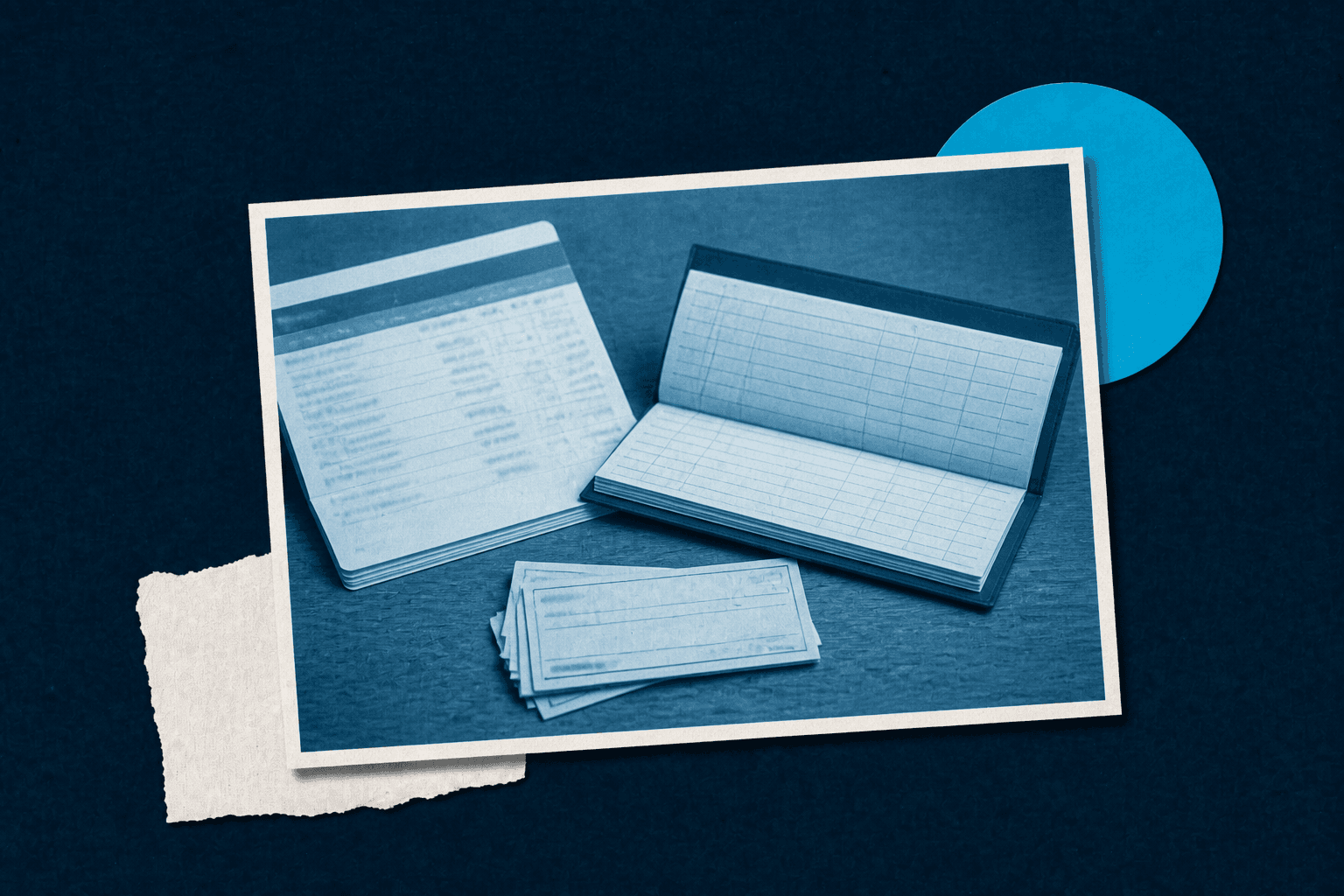 A bank statement, check register, and deposit slips illustrating cash and banking records