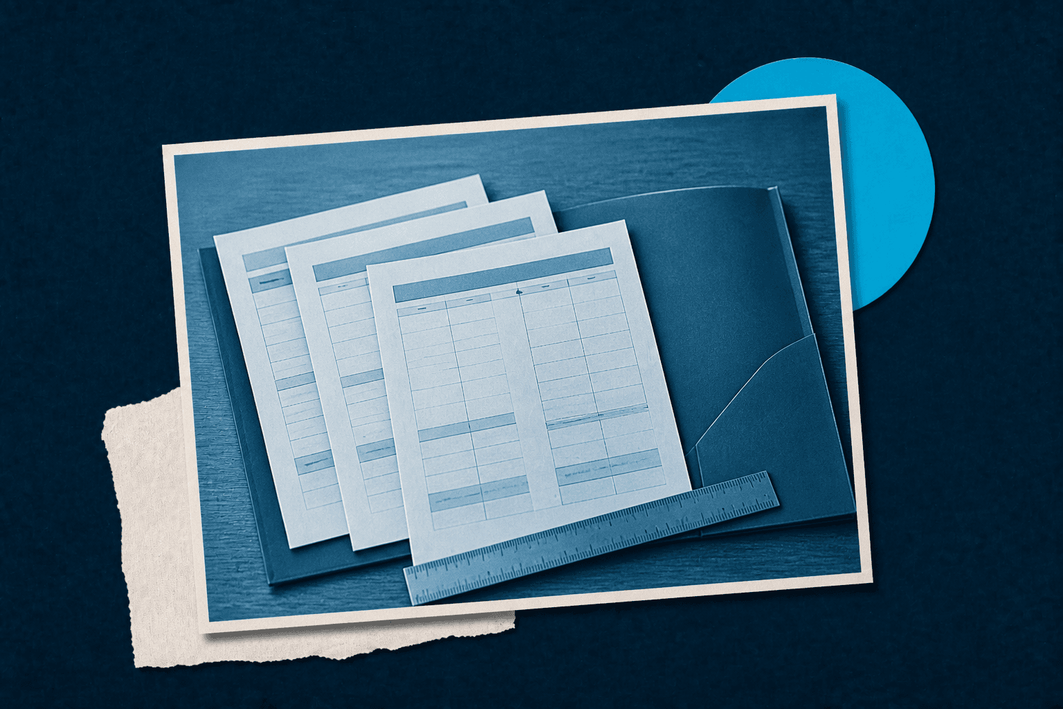 Financial report sheets and a presentation folder illustrating financial statements