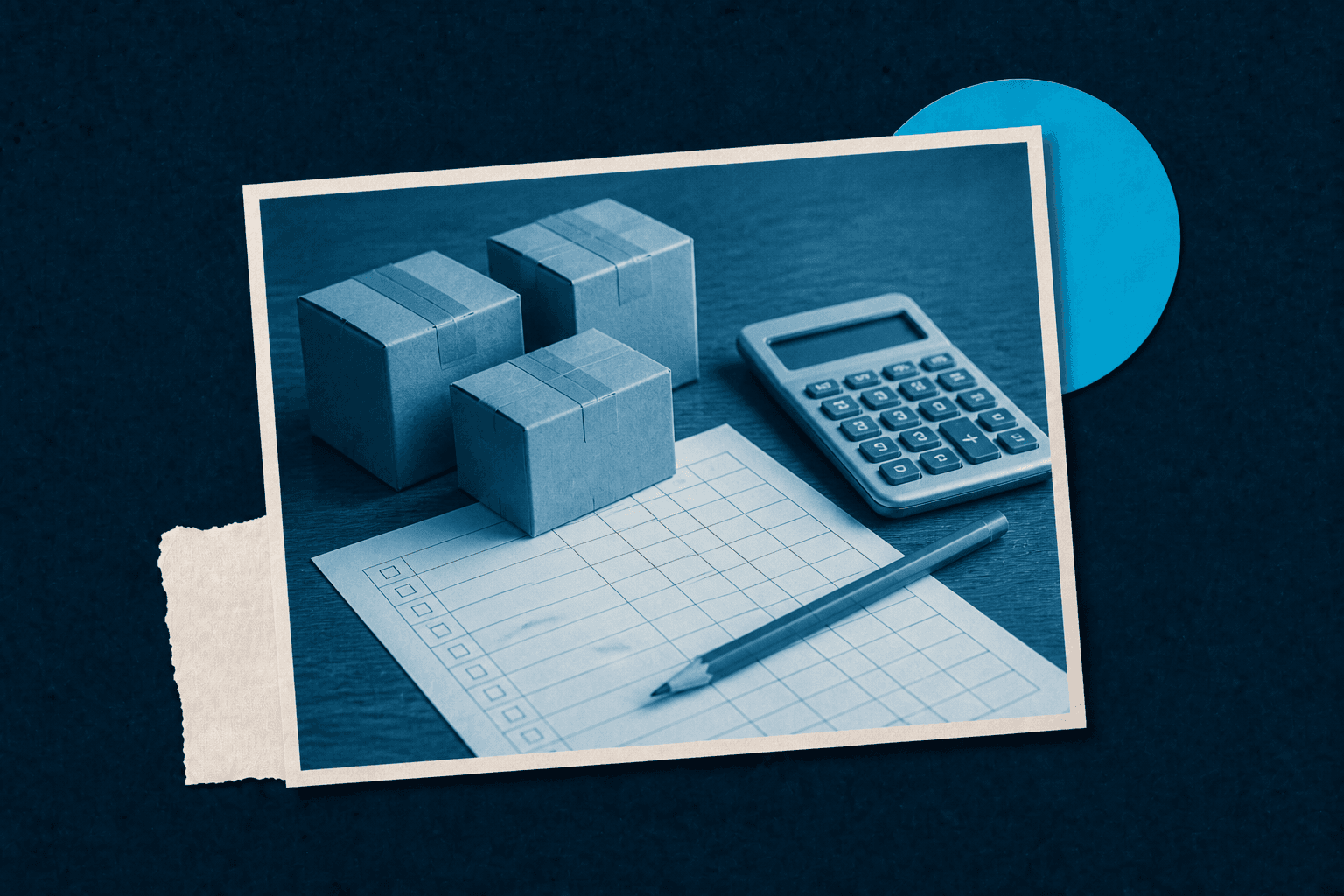 Product boxes, an inventory count sheet, and calculator illustrating inventory costing
