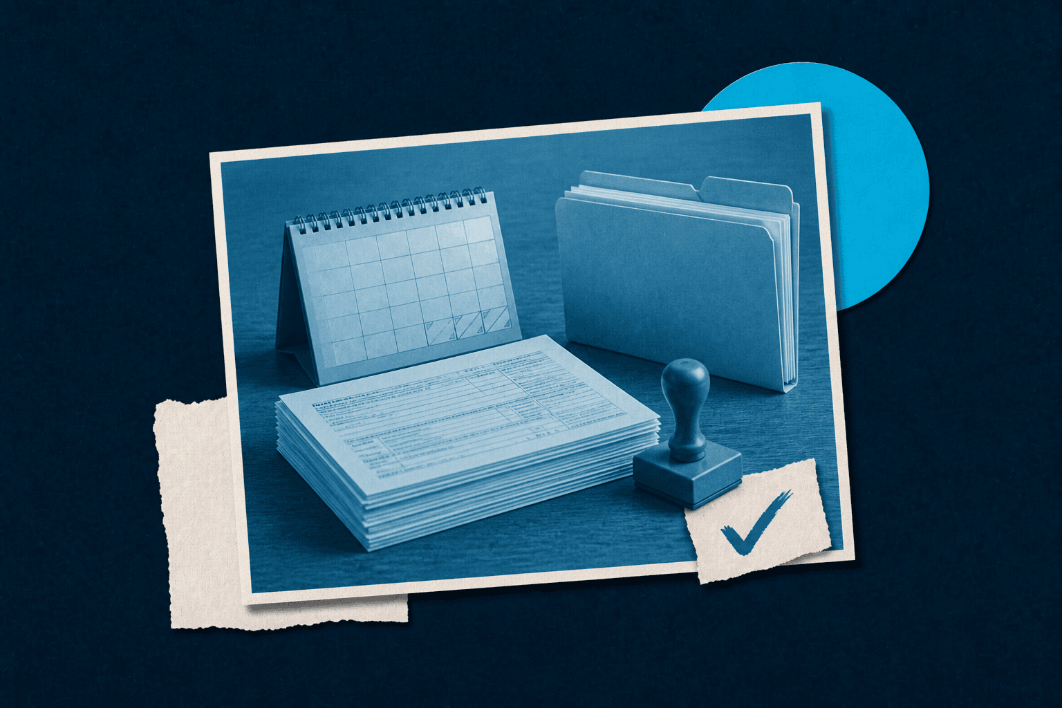 Tax forms, a calendar, filing folders, and approval stamp illustrating tax compliance