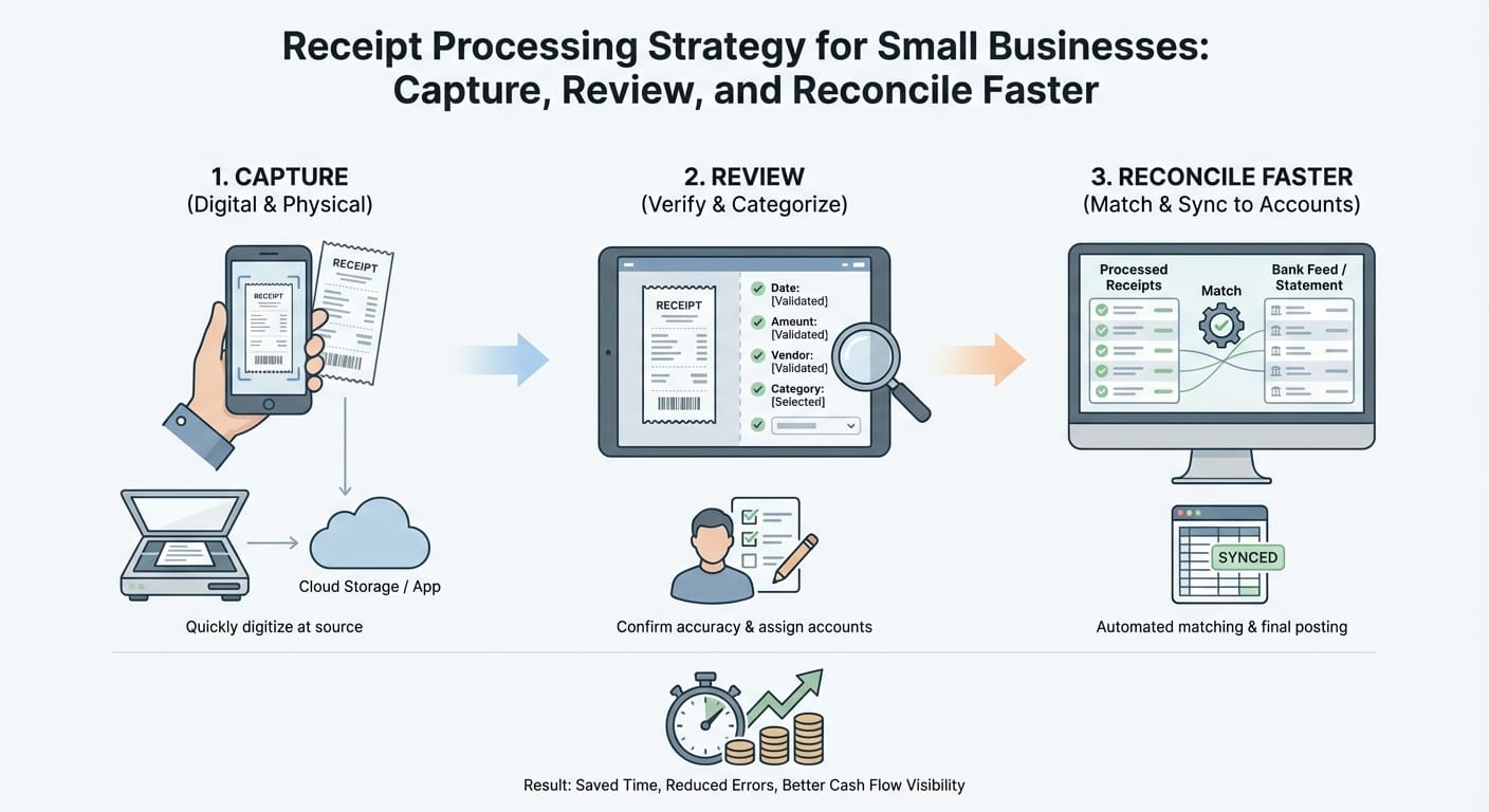 Receipt Processing Strategy for Small Businesses: Capture, Review, and Reconcile Faster infographic