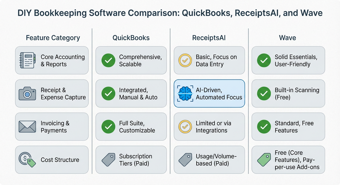 DIY Bookkeeping [Software](https://en.wikipedia.org/wiki/Software) Comparison: QuickBooks, ReceiptsAI, and Wave infographic