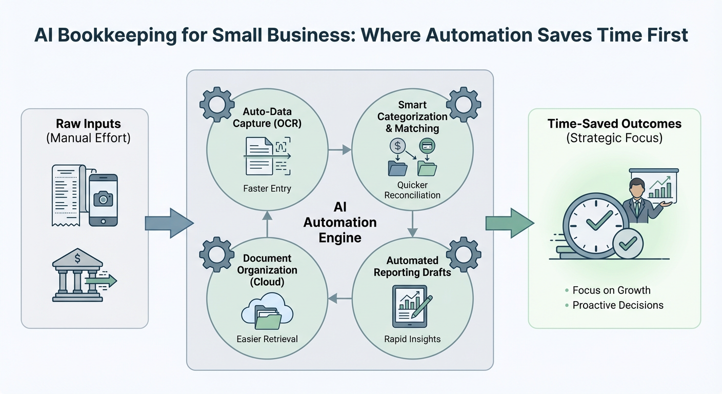 AI Bookkeeping for Small Business: Where Automation Saves Time First infographic