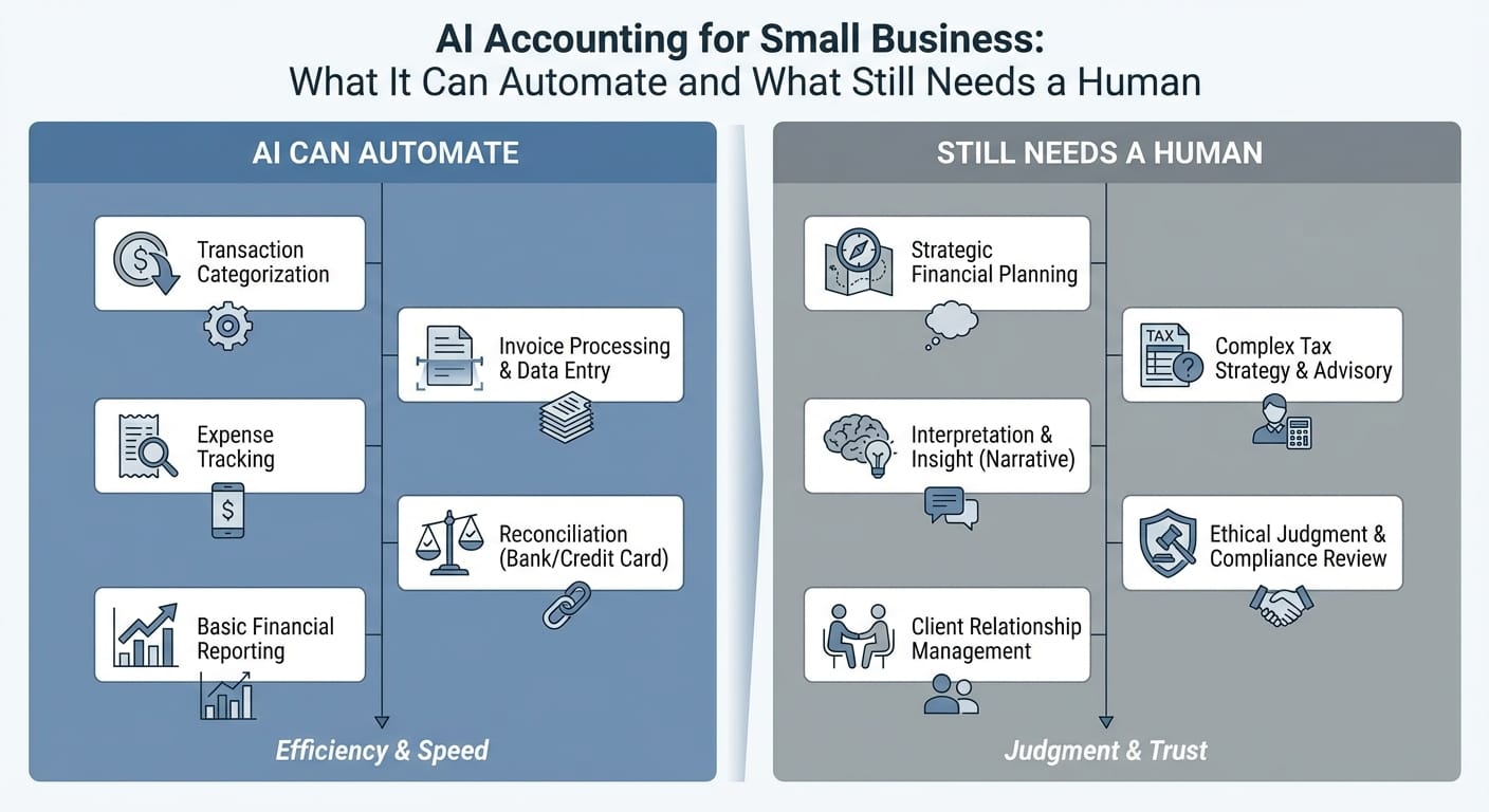 AI Accounting for Small Business: What It Can Automate and What Still Needs a Human infographic
