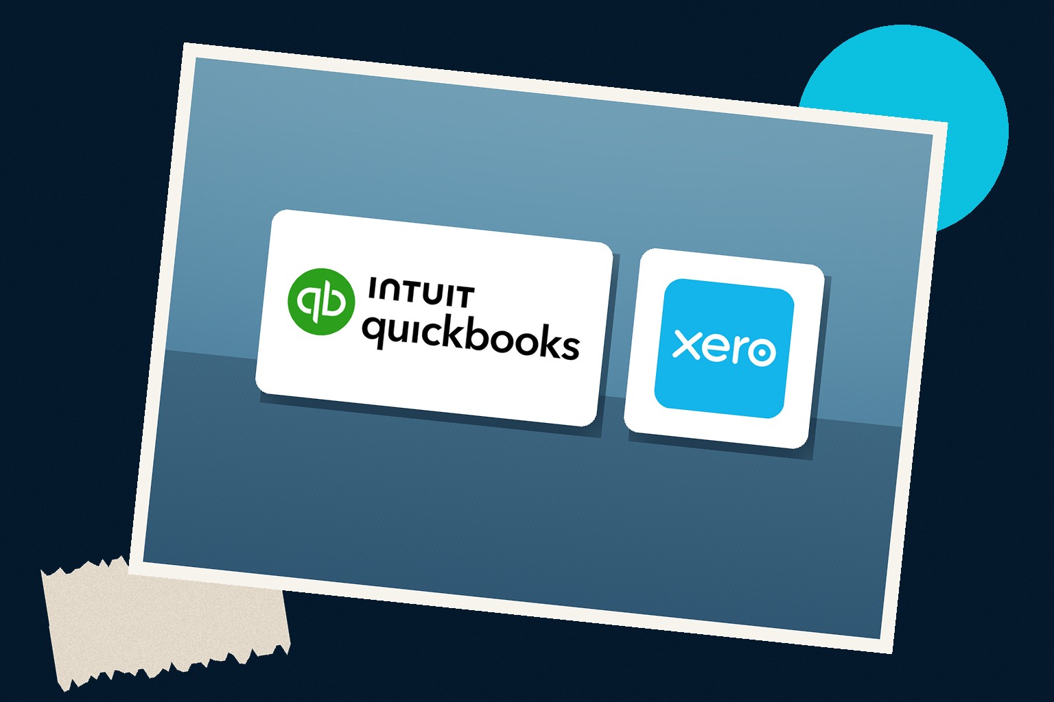Cyan-duotone collage of the QuickBooks and Xero logos side by side on a navy field